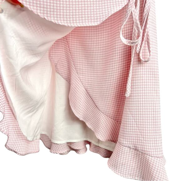 First Monday Pink and White Gingham Ruffle Trim Wrap Dress Small Coquette - Picture 5 of 8
